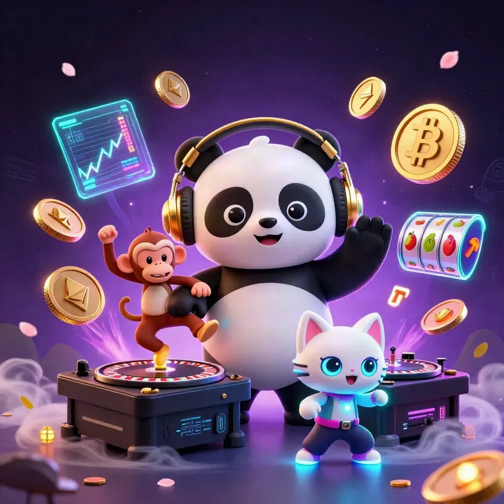 DJ panda, monkey, and rave kitten amid neon casino coins, lightning, petals, and rune fog