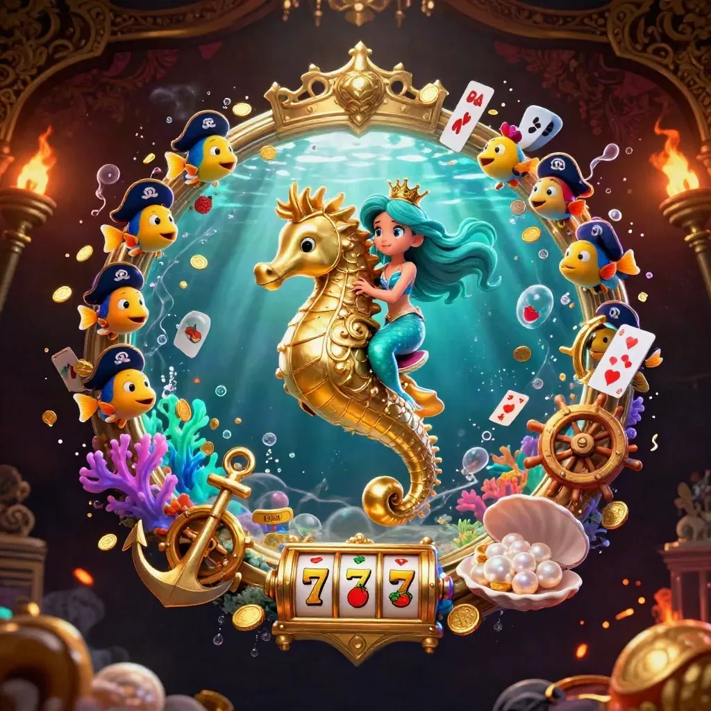 Mermaid princess on armored seahorse amid pirate fish, coins, reels, cards, and teal-gold glow