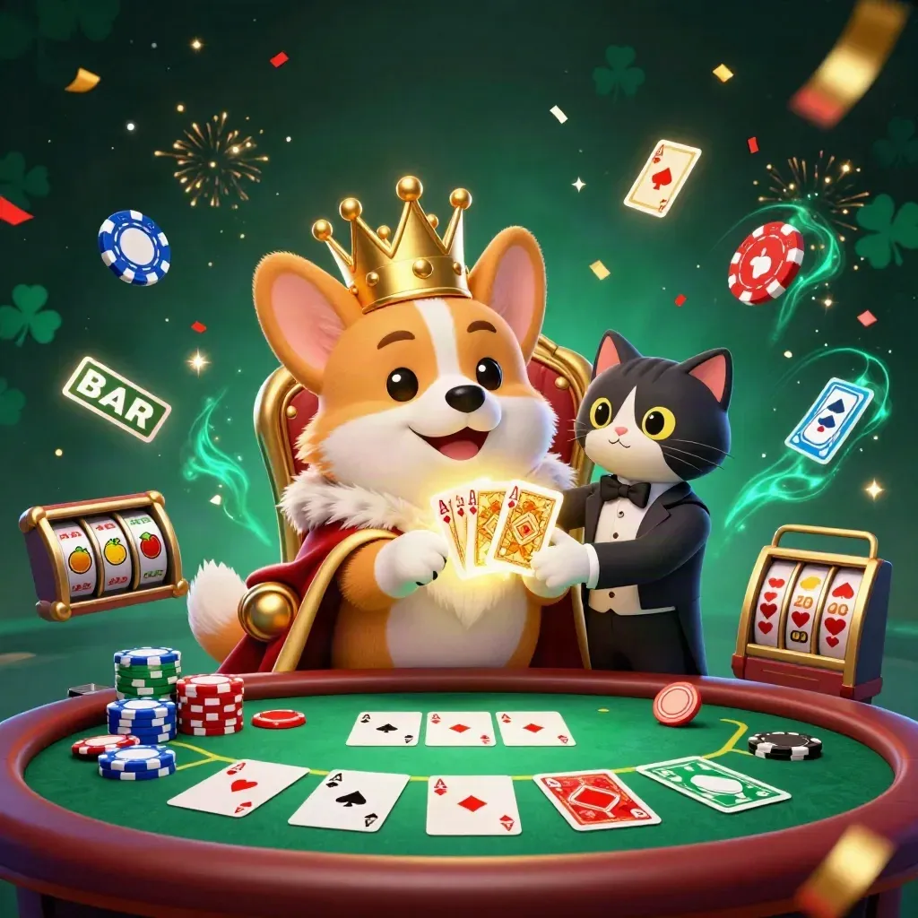 Royal corgi and cat butler amid poker chips, aces, slot reels, and casino magic.