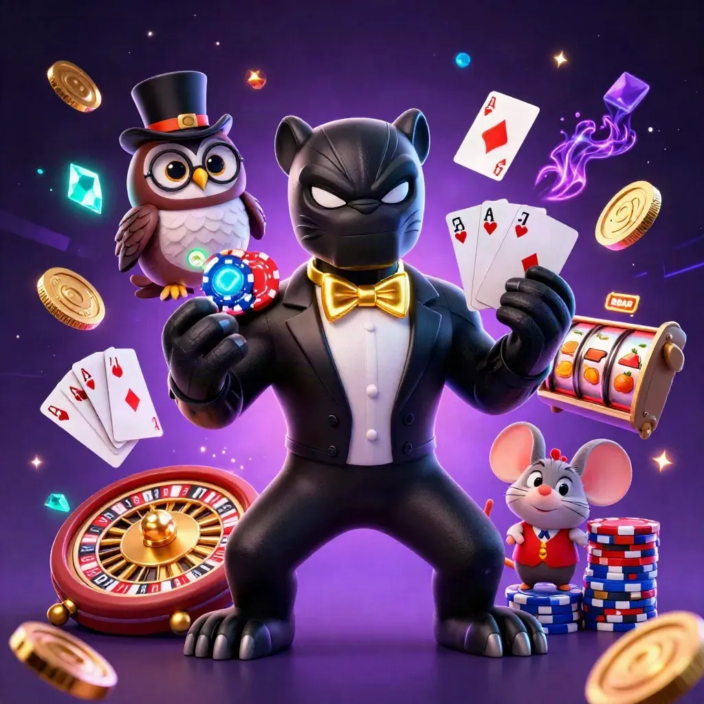 Panther, owl, and mouse amid casino effects, chips, cards, coins, and neon energy