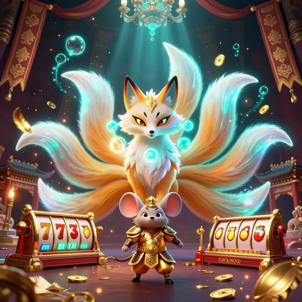Fox spirit and armored mouse amid casino symbols, temple gate, gold sparks, and teal-gold glow.