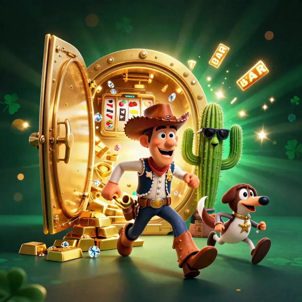 Cowboy T-Rex, cactus sidekick, and roadrunner burst from a glowing gold vault with casino loot.