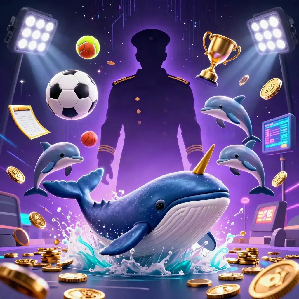 Whale captain, narwhal, and dolphins amid coins, neon sports balls, trophy, and glowing casino lights.