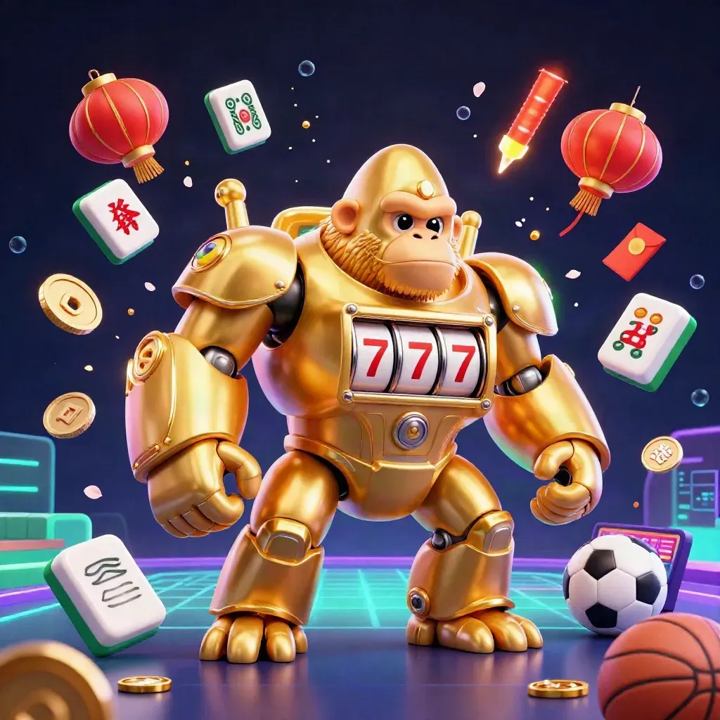 Golden gorilla mech with monkey pilot amid neon casino effects and sports props.