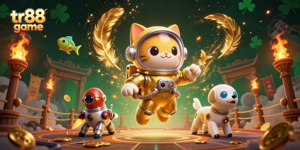 Engage in the thrilling tr88 game with a 3D cat astronaut and a robotic dog in an exciting cosmic casino.