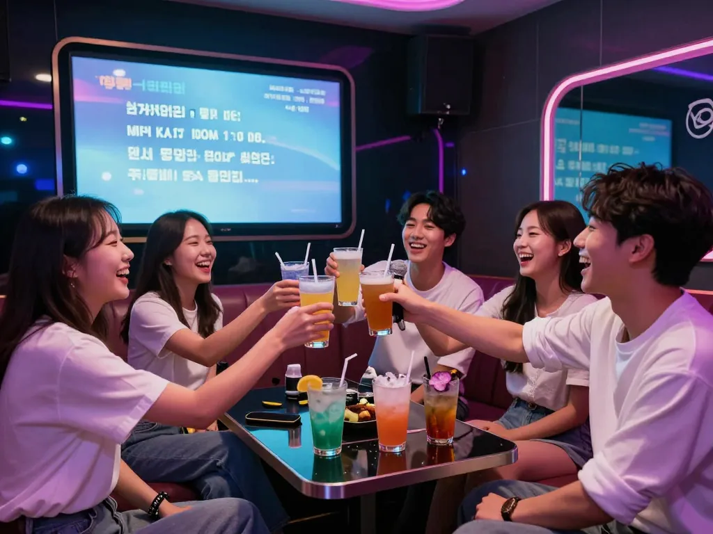 즐길 준비가 된 인천쓰리노에서 친구들과 함께 노래를 부르는 모습.