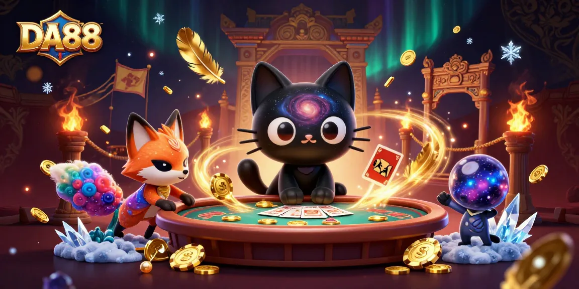 Experience the magic of DA88 as a cosmic cat and a nebula fox capture golden chips at a lottery gaming table.