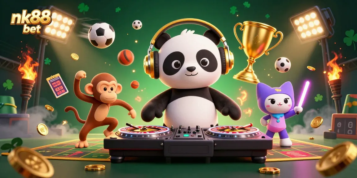 Experience the excitement at nk88 bet with a vibrant 3D casino scene, featuring joyful characters and dynamic sports elements.