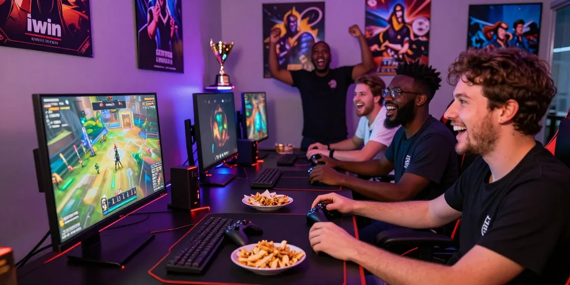 Friends enjoying an engaging Iwin gaming session in a vibrant gaming room.