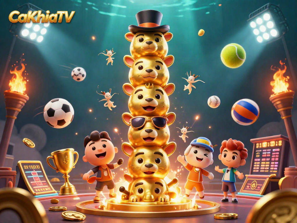 Experience thrilling sports betting action with CaKhiaTV in a vibrant 3D illustrated scene.