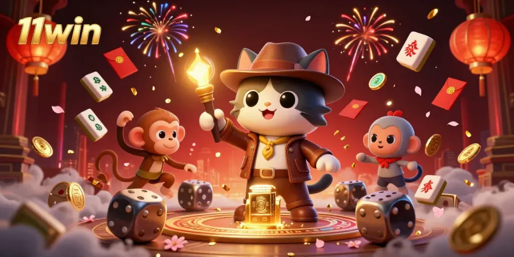 Experience thrilling adventures at 11win with our cartoon characters exploring a dazzling casino artifact.