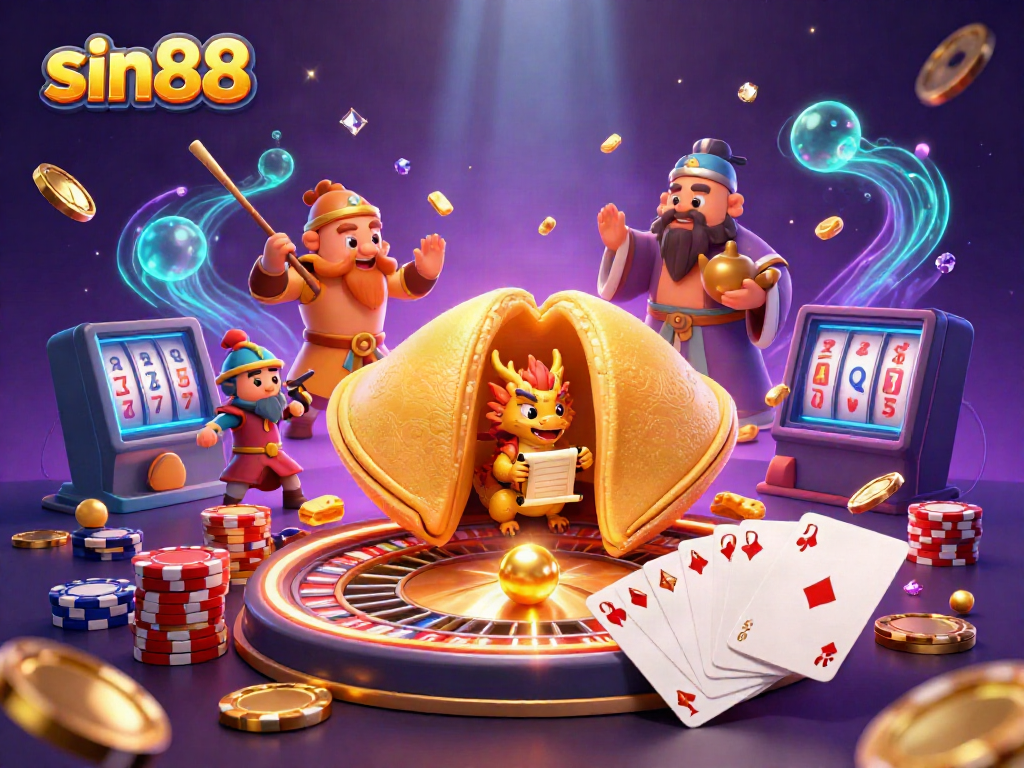 Experience the thrill of sin88 with a vibrant 3D illustration showcasing a golden fortune cookie and casino elements.