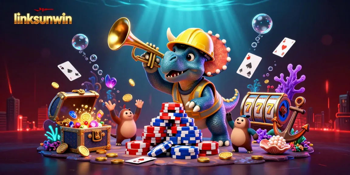Engage with linksunwin as a triceratops builds poker chip pyramids amid festive underwater celebrations.