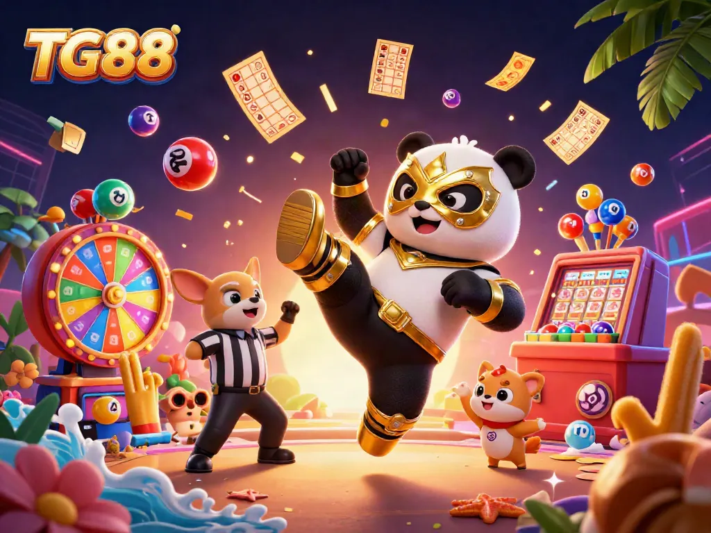 Engage in thrilling gameplay at TG88 with a vibrant casino scene featuring animated characters and exciting gambling elements.