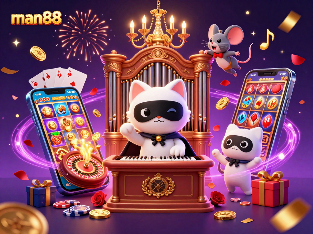 Experience the vibrant charm of man88 with colorful slot games in a festive casino scene.