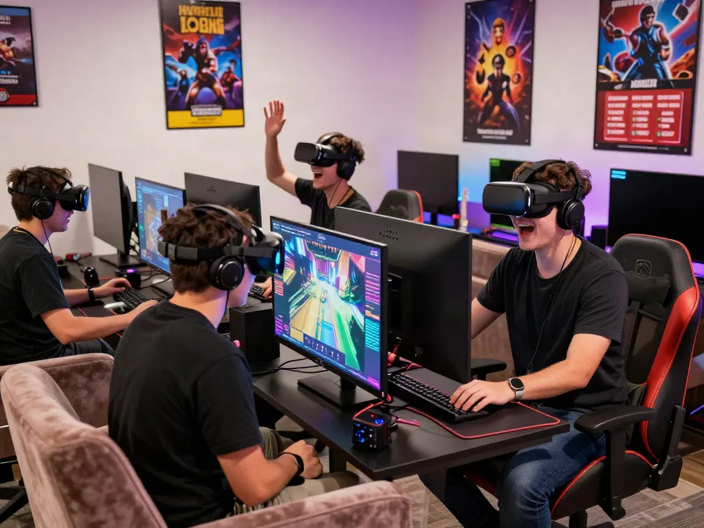 Exciting gaming atmosphere at https://hitclub3.io/ with players enjoying immersive VR experiences and vibrant decorations.