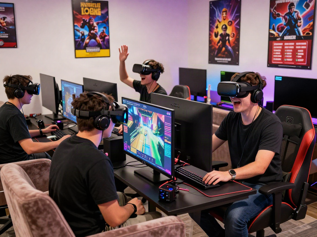 Exciting gaming atmosphere at https://hitclub3.io/ with players enjoying immersive VR experiences and vibrant decorations.