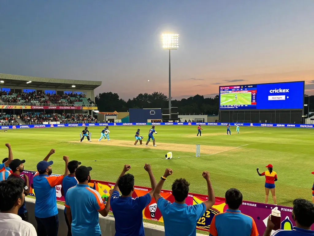 Fans celebrating during T20 World Cup 2026 match with crickex app login displayed.