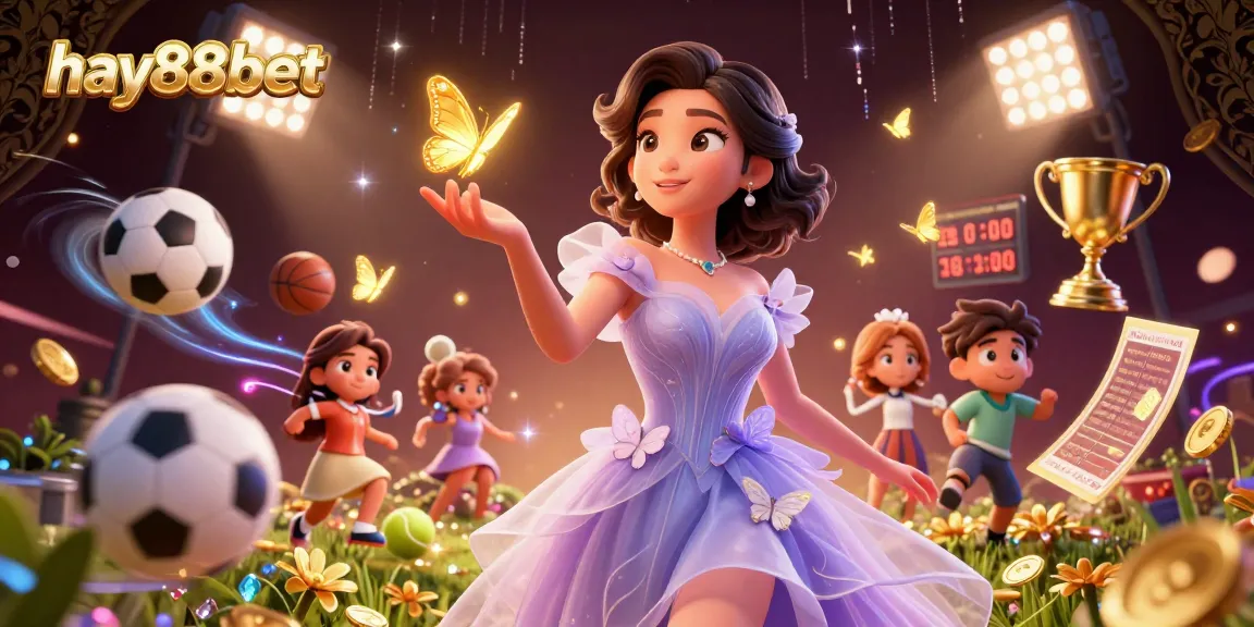 Experience thrilling gameplay at hay88bet with an elegant Asian woman in a magical setting surrounded by sports elements.