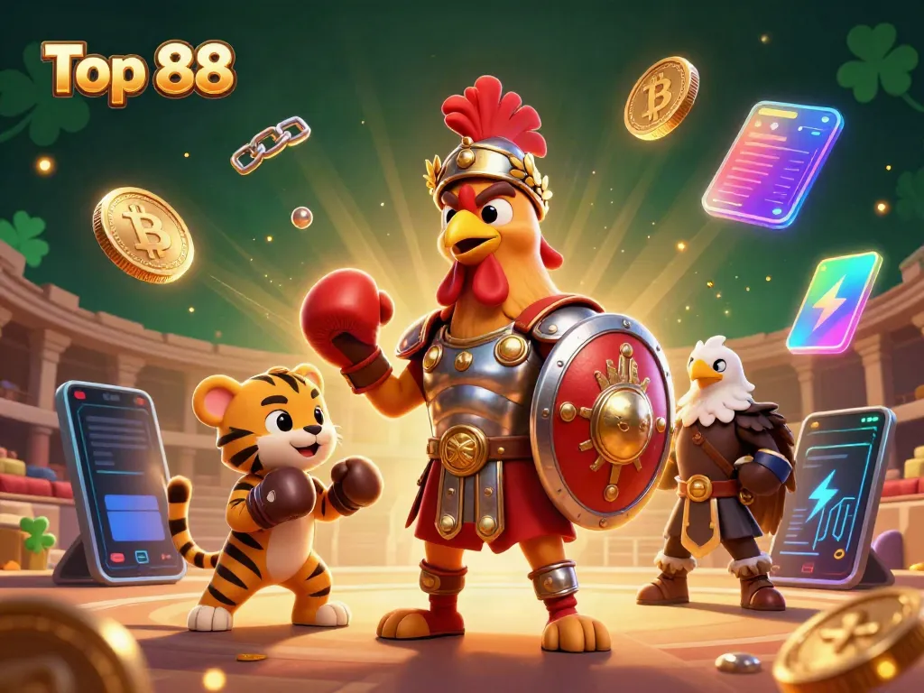 Engage with Top 88 casino excitement through vibrant 3D illustration featuring a rooster gladiator, tiger cub, and crypto coins.