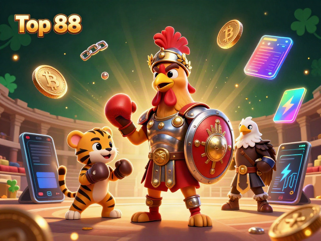 Engage with Top 88 casino excitement through vibrant 3D illustration featuring a rooster gladiator, tiger cub, and crypto coins.