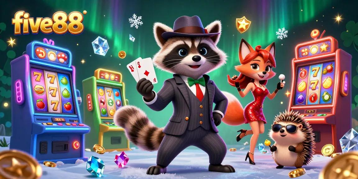 Five88's dazzling slot scene with a suave raccoon, elegant fox, and hedgehog bouncer.