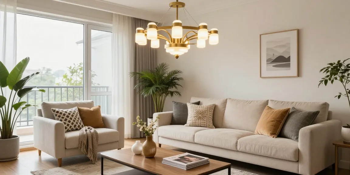 Iluminare modernă cu candelabru living elegant în salonul confortabil, decor rafinat cu plante și lumină naturală.