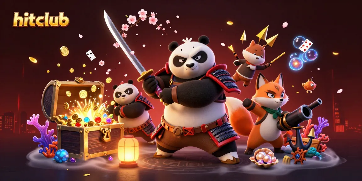 Hitclub celebrates gaming dynamics with a samurai panda and ninja fox in a vibrant casino themed 3D scene.