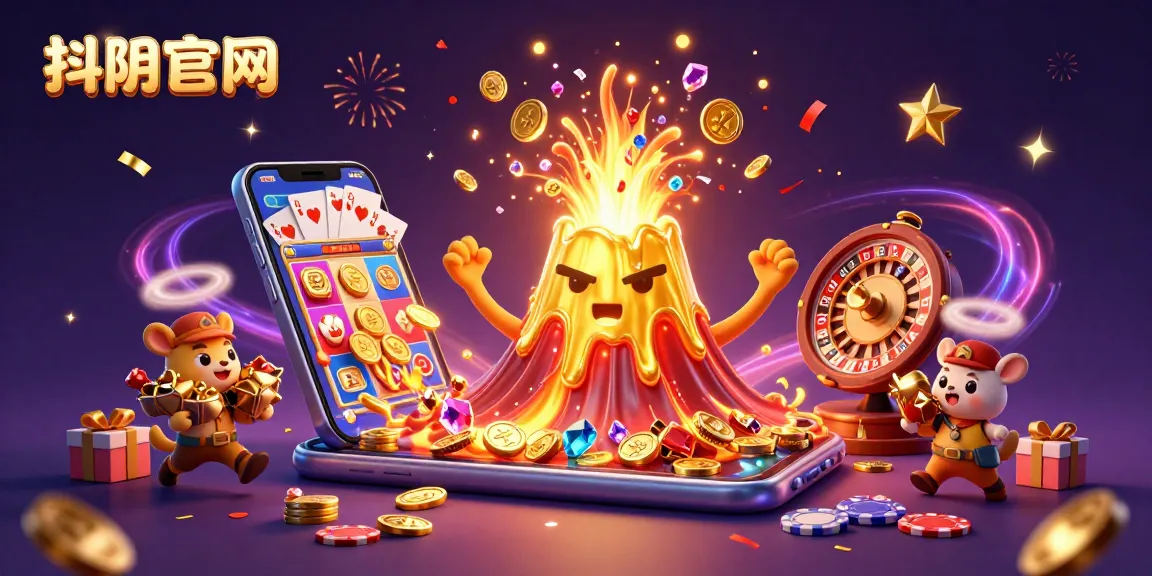 Experience winning at 抖阴官网 with vibrant treasures erupting from a golden volcano in this animated casino scene.