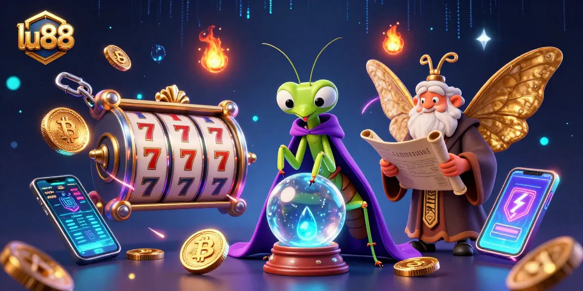 Experience thrilling gameplay with lu88 as a vibrant casino scene filled with slot reels and mystical characters.