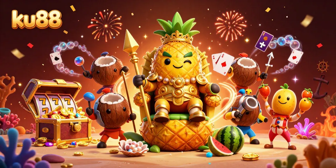 Experience the excitement of ku88 slots with a vibrant 3D illustration showcasing the golden pineapple king in a beach casino.