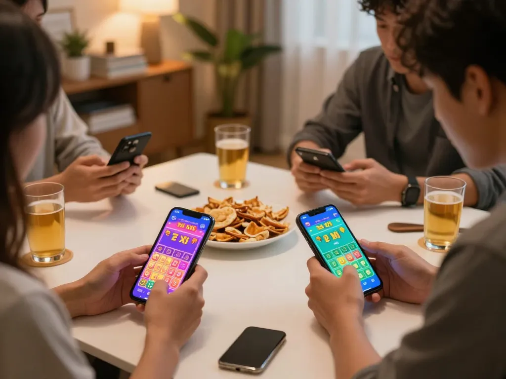 Person enjoying Tài Xỉu Online game on smartphone, showcasing gameplay excitement in a cozy home environment.