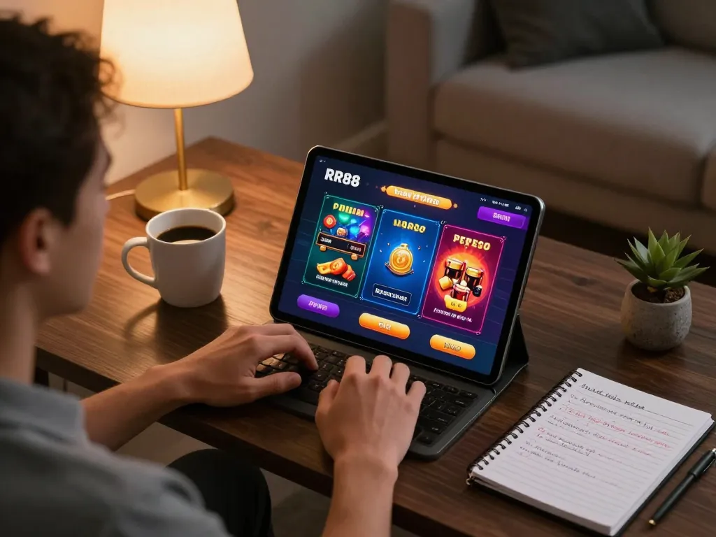 Player enjoying RR88 online casino on tablet with a cozy home setup and strategic notes.