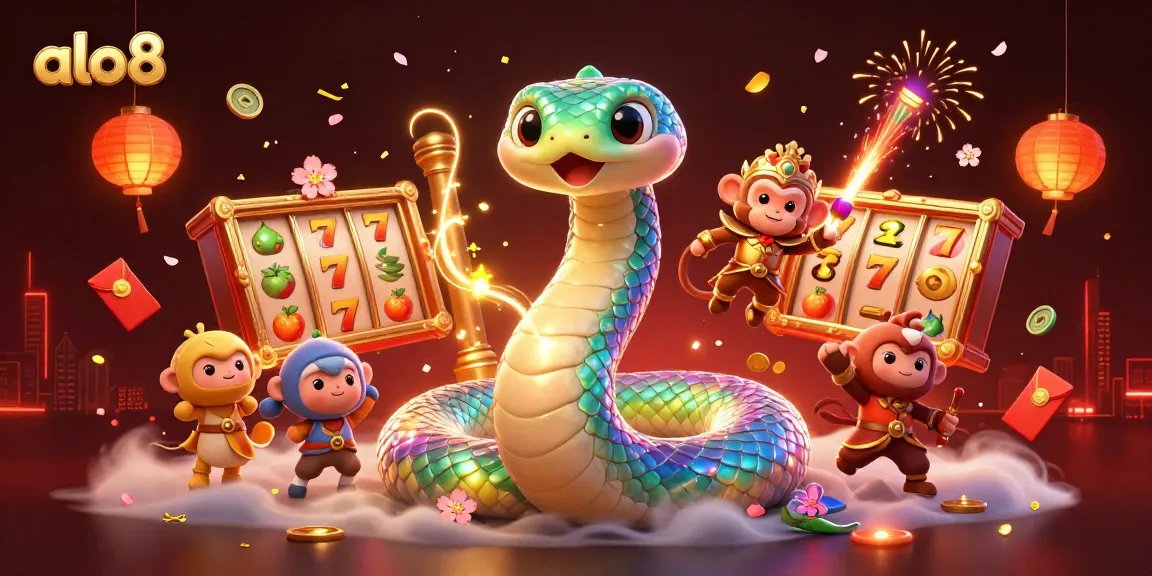 Experience vibrant gaming action at alo8 with colorful characters and slot symbols in a dynamic casino scene.
