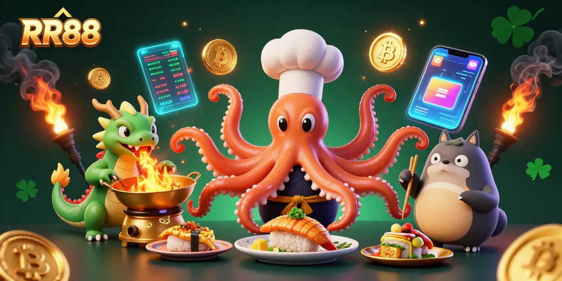 Engage with RR88 and experience vibrant casino action featuring unique illustrations of an octopus chef, dragon, and tanuki.