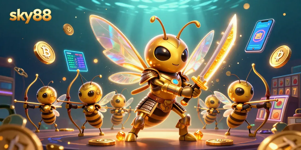 Experience sky88 gaming action with a vibrant scene featuring cryptocurrency and slot elements.