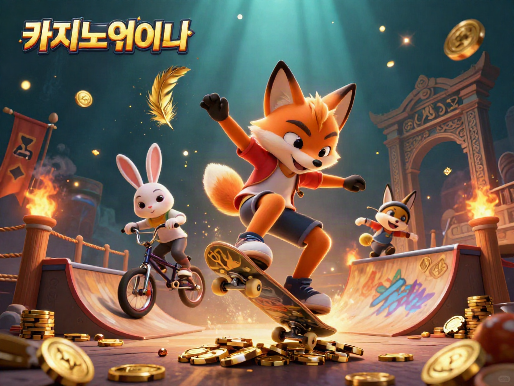 카지노사이트에서 스케이트보드 여우와 BMX 토끼가 도박 이펙트로 연출된 그림