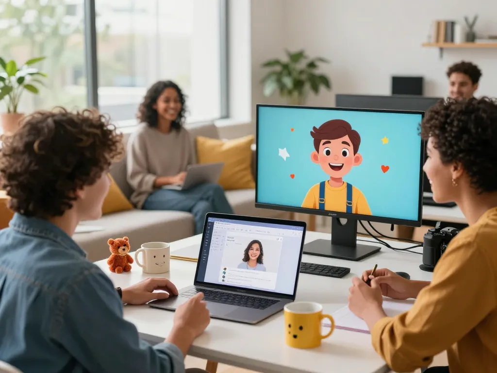 Engaging porn chat ai conversation among users in a playful home office.