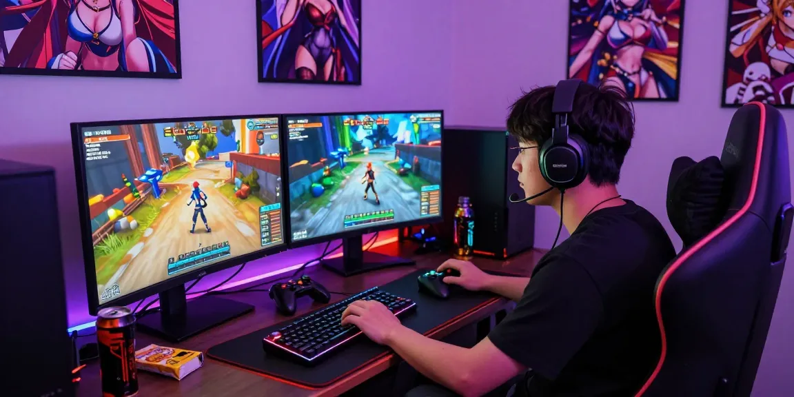 Gamer immersed in colorful hentai games with dual monitors and RGB lights