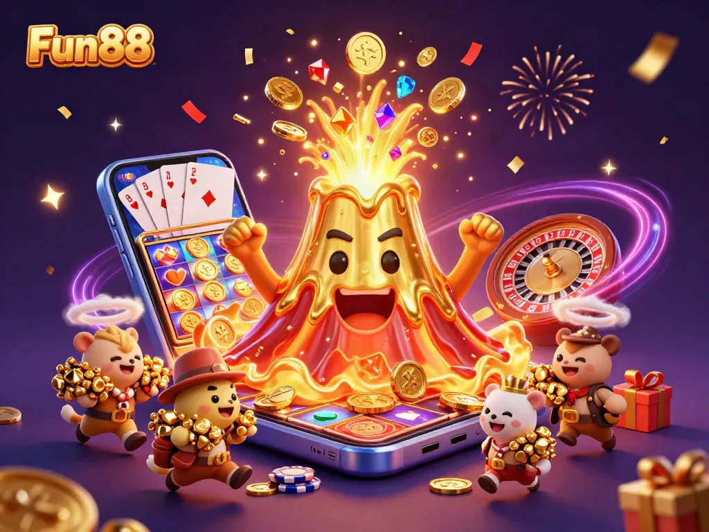 Experience Fun88's thrilling games with an eruption of treasure and excitement in this dynamic illustration.