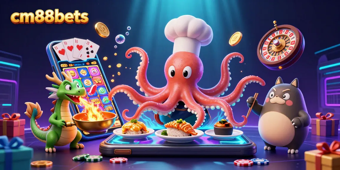 Experience cm88bets with a vibrant 3D scene of an octopus chef and dragon amidst casino elements.