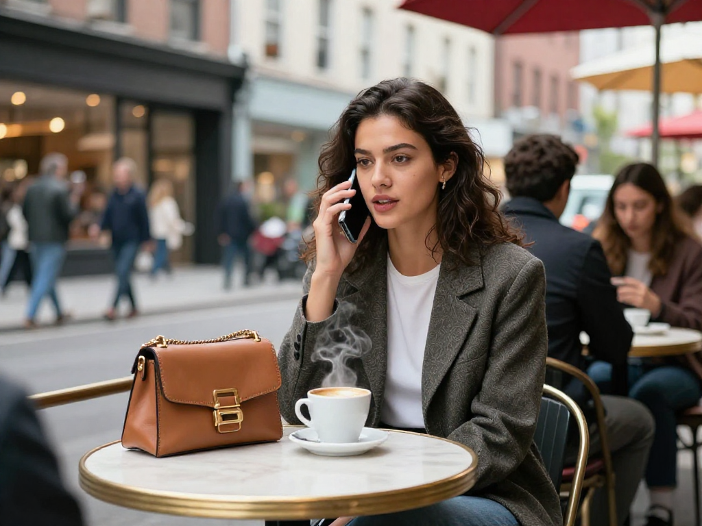 Gái gọi đang trò chuyện trên smartphone tại quán cà phê hiện đại