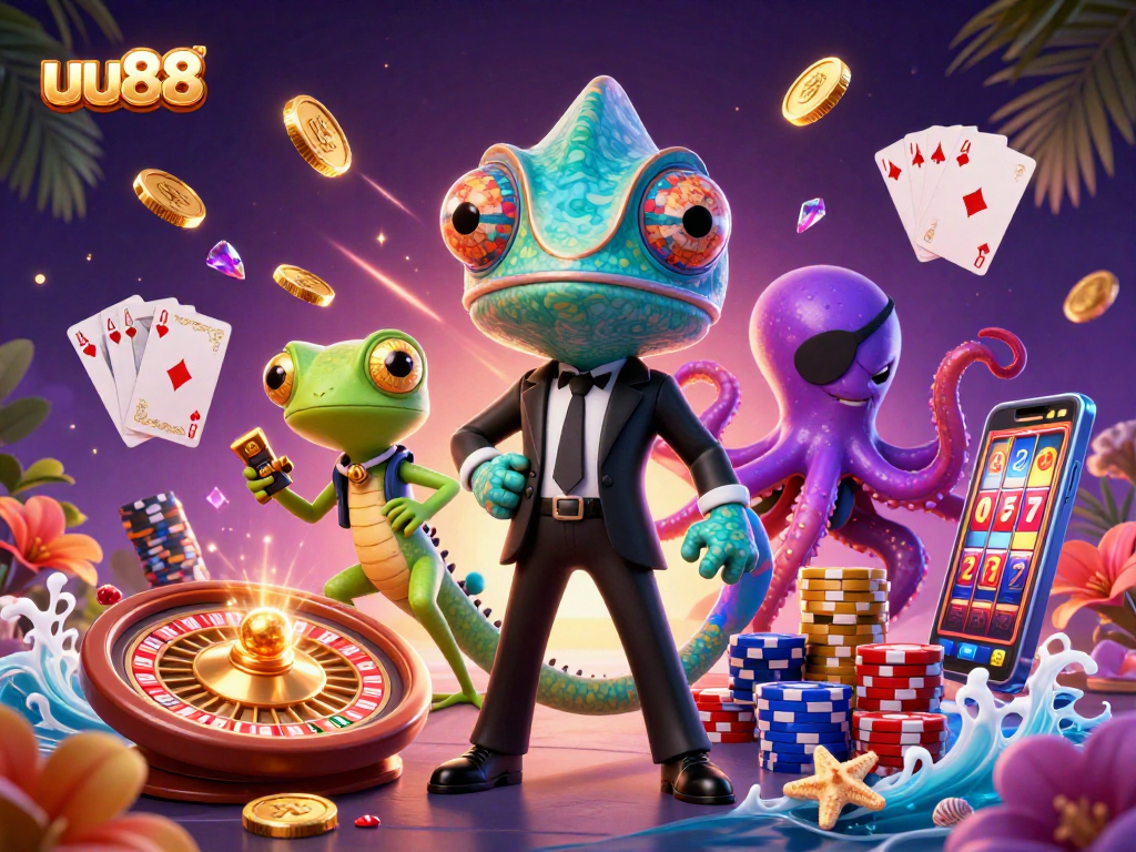 Experience winning moments with uu88's vibrant gaming scene featuring dynamic characters and casino elements