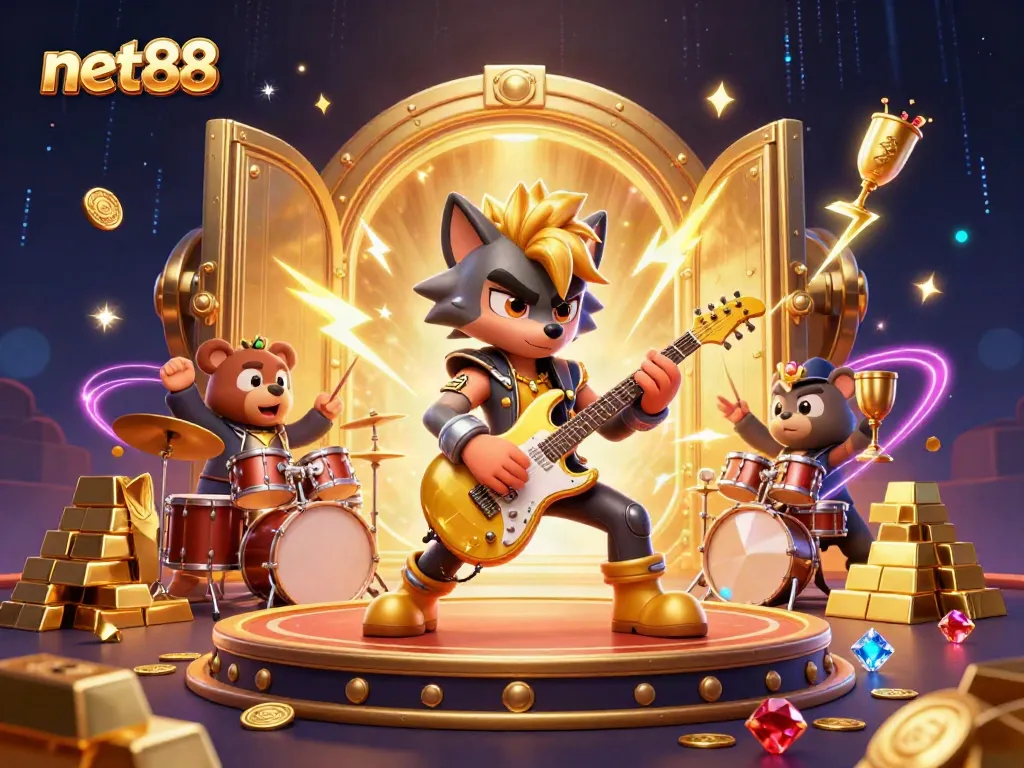 Experience electrifying net88 gaming entertainment with dynamic characters and dazzling gold elements.