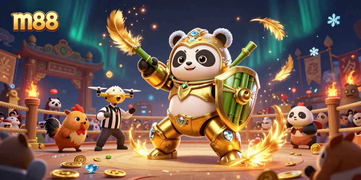 Experience m88 with a golden panda mech battling in a vibrant cockfighting arena filled with cheering spectators.