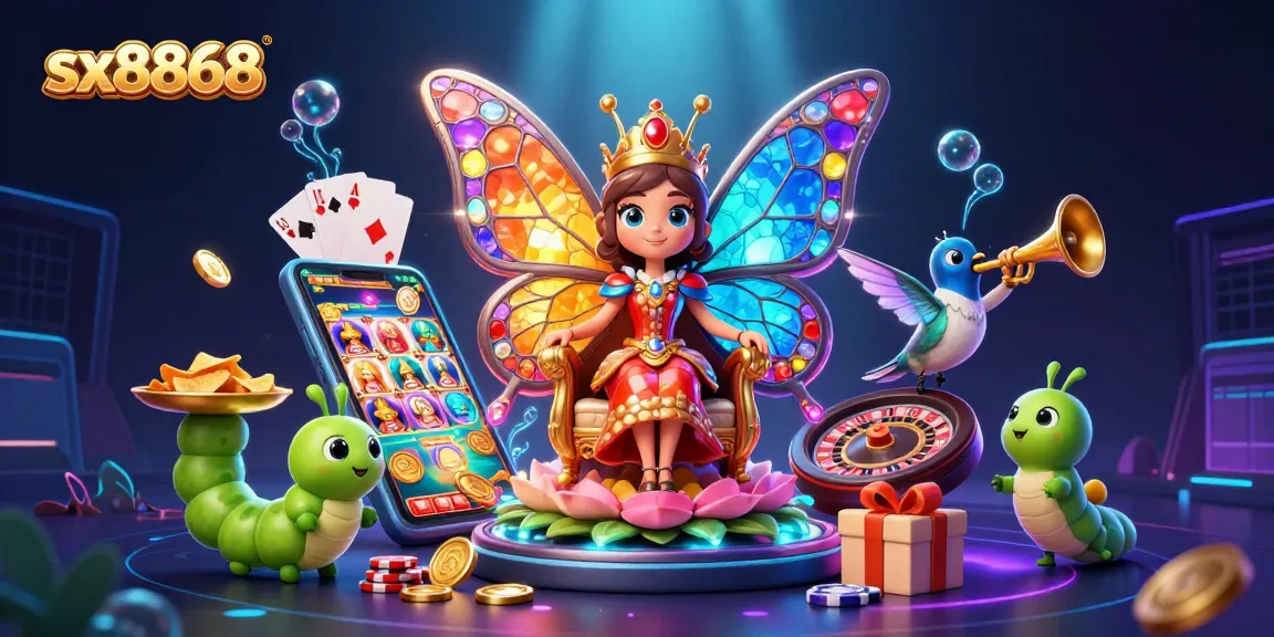 Experience the thrill of sx8868 with vibrant casino imagery featuring a butterfly queen and slot games.