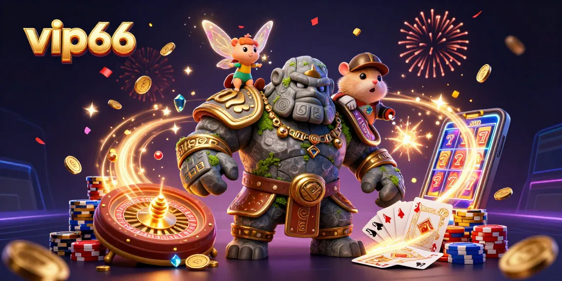 Join the thrilling vip66 experience as golems, fairies, and knights celebrate casino wins.