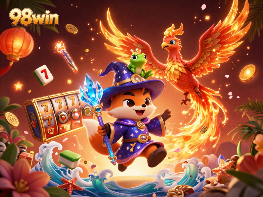 Join the fun at 98win with a mystical wizard fox, phoenix, and casino elements in action.