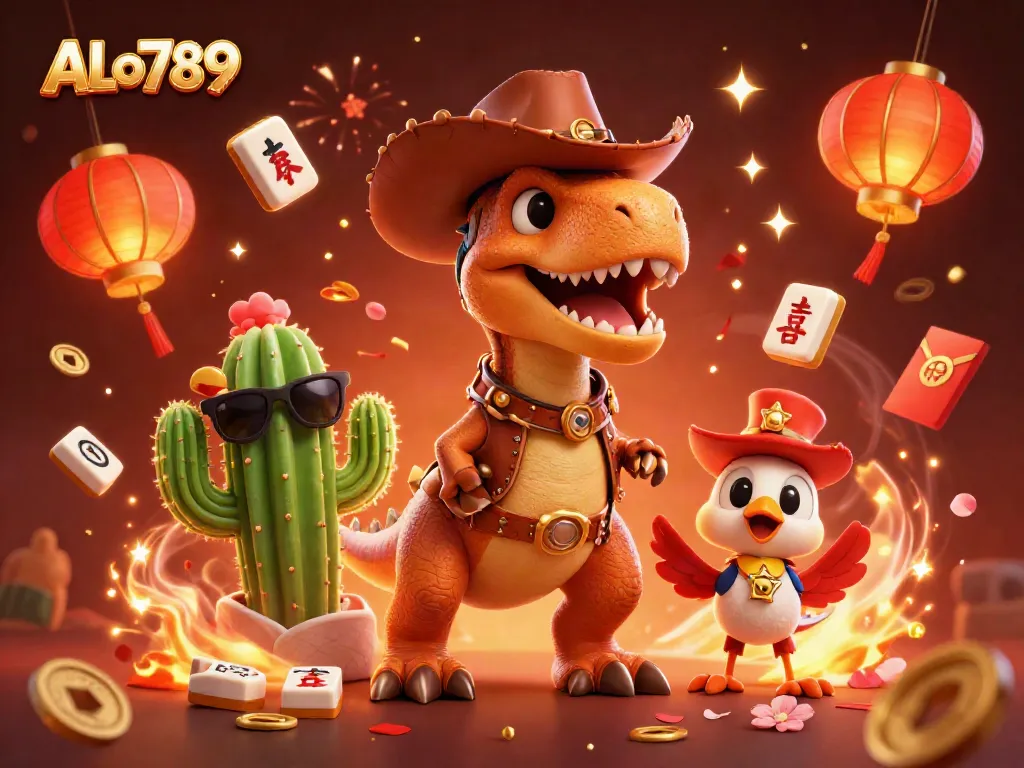 Experience exhilarating betting action with ALo789 featuring a heroic T-Rex cowboy fighting for jackpot thrills.