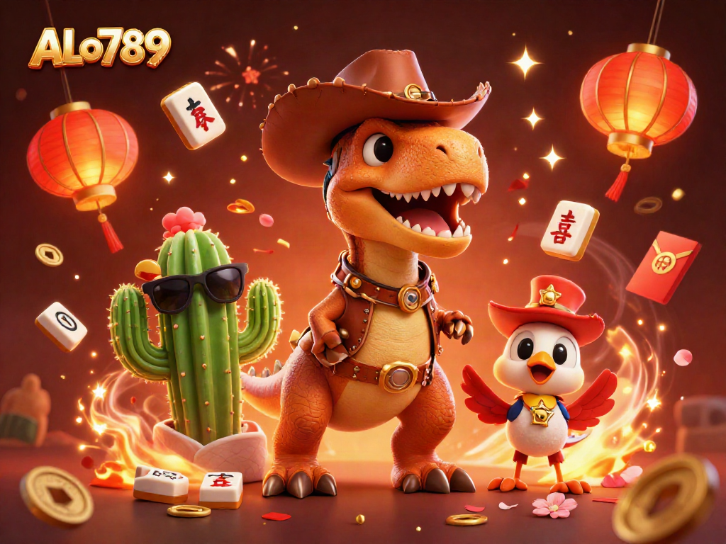 Experience exhilarating betting action with ALo789 featuring a heroic T-Rex cowboy fighting for jackpot thrills.